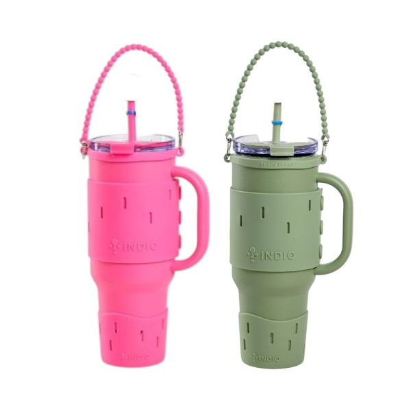 2 VASOS VIAJERO INDIO, VERDE Y FUCSIA ACERO INOX C/ MANIJA Y PAJITA 1,1L + SET SKIN 