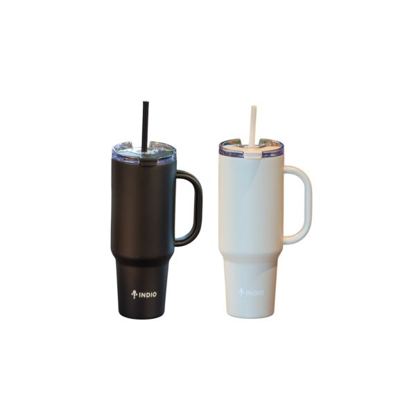 2 VASOS VIAJERO INDIO, NEGRO Y NUDE ACERO INOX C/ MANIJA Y PAJITA 1,1L