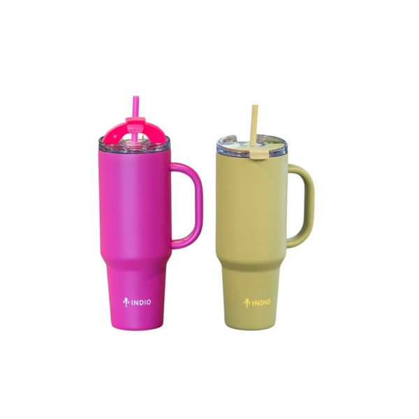 2 VASOS VIAJERO INDIO, FUCSIA Y VERDE ACERO INOX C/ MANIJA Y PAJITA 1,1L