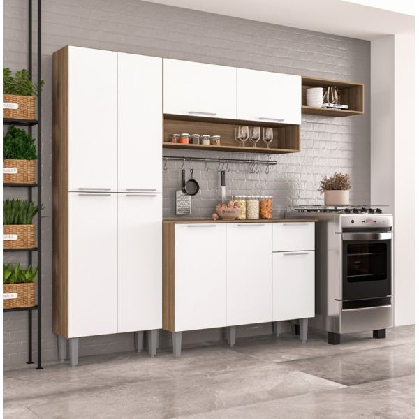 MUEBLE P/ COCINA POLITORNO 9 PUERTAS 2 ESTANTES COLOR CASTAÑO/BLANCO