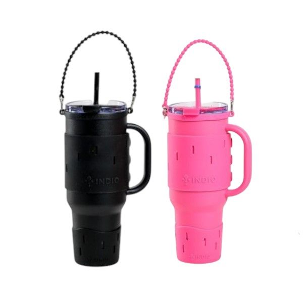 2 VASOS VIAJERO INDIO, FUCSIA Y NEGRO ACERO INOX C/ MANIJA Y PAJITA 1,1L + SET SKIN