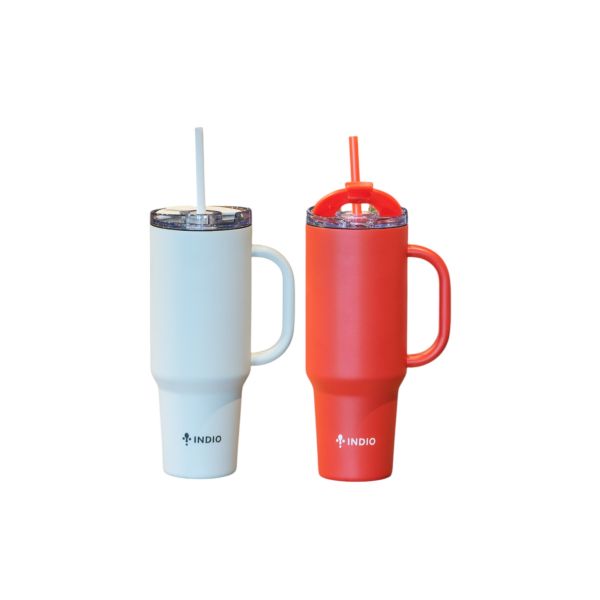 2 VASOS VIAJERO INDIO, BLANCO Y NARANJA ACERO INOX C/ MANIJA Y PAJITA 1,1L