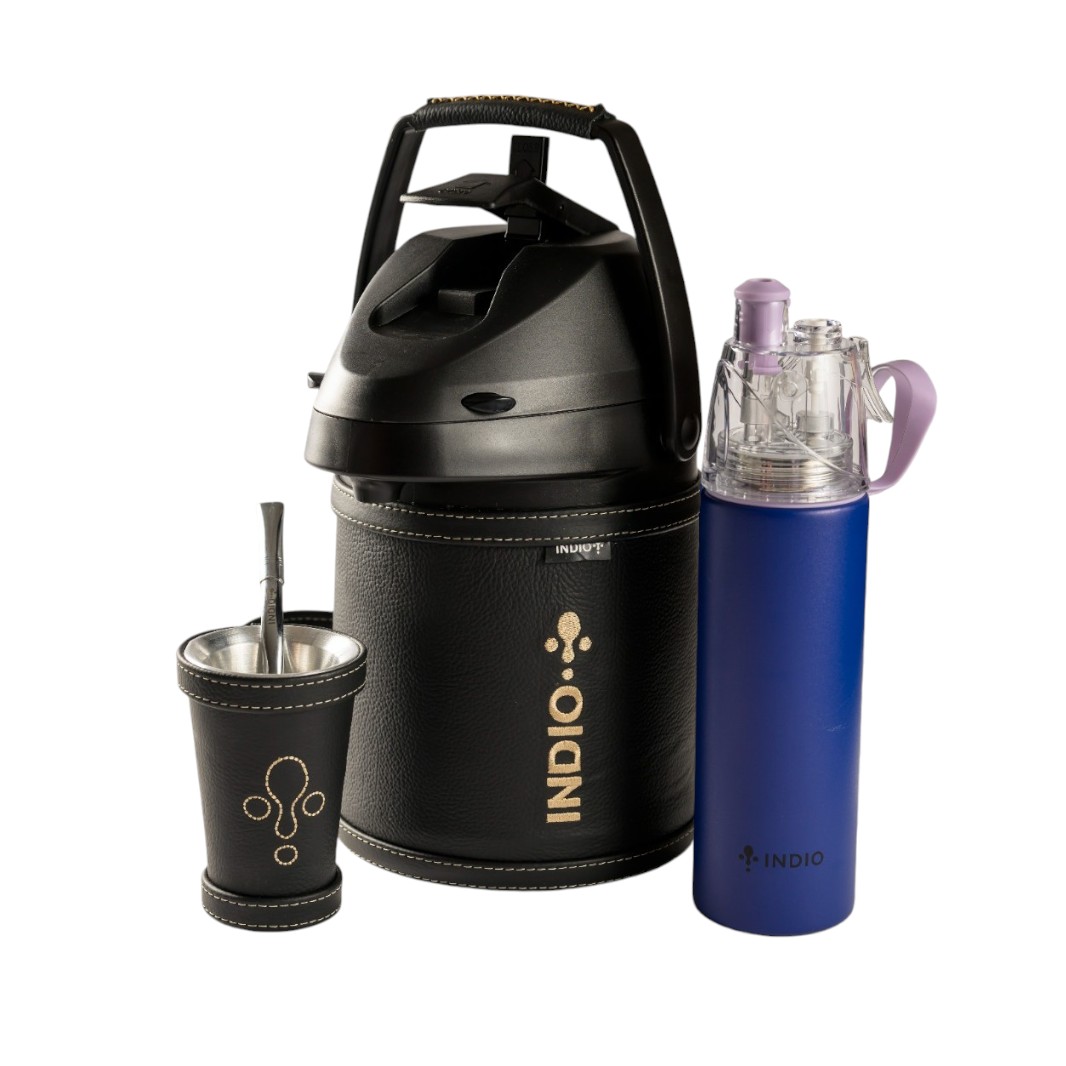 TERMO INDIO INOX 2.5 LTS. CUERO PREMIUM NEGRO CON BOTELLA SPLASH DE REGALO