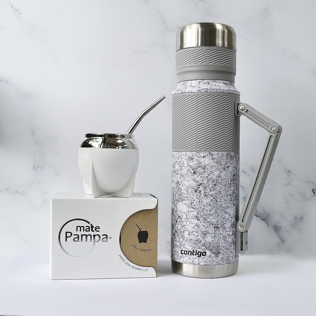 COMBO MATERO CONTIGO TERMO MARMOL 1.1LTS. C/ MANIJA + GUAMPA PAMPA + BOMBILLA INOX