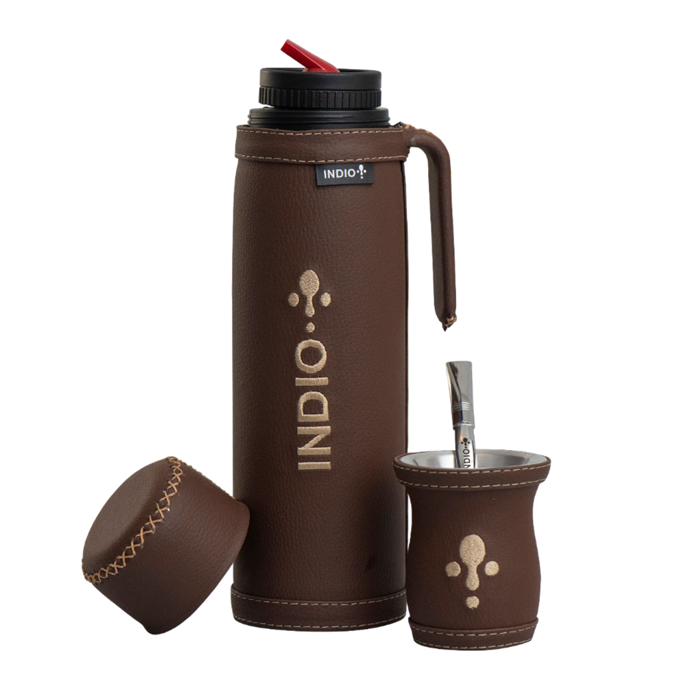 TERMO SET DE INVIERNO MATERO INDIO 1 LITRO SIMIL CUERO MARRON CHOCOLATE + GUAMPA + BOMBILLA 