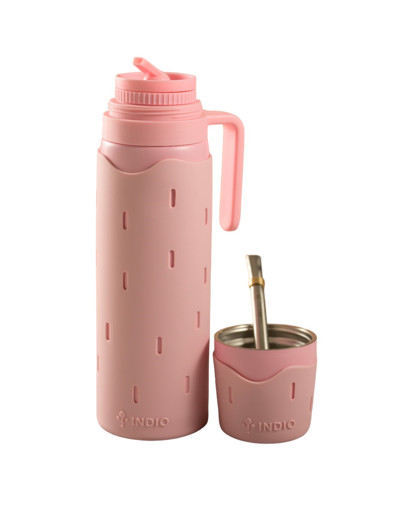 TERMO MATERO INDIO SKIN ROSA 1 LITRO + GUAMPA + BOMBILLA ACERO INOXIDABLE