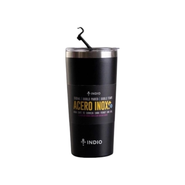 VASO TERMICO INDIO ACERO INOX. TAPA HERMETICA CON ABRIDOR 560ml, NEGRO